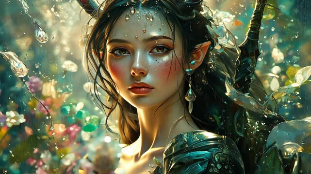 A female elf with pointed ears and a crown of antlers stands in a mystical forest