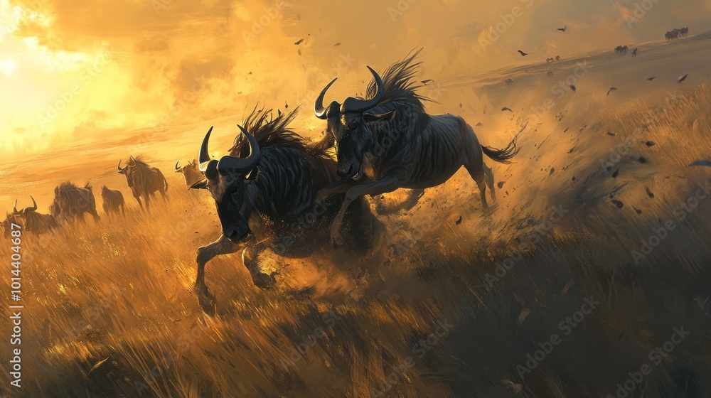 Sticker A dynamic scene of wildebeests running through tall grass at sunset.