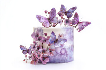 A whimsical purple cake adorned with beautiful butterflies and flowers, creating a stunning and...