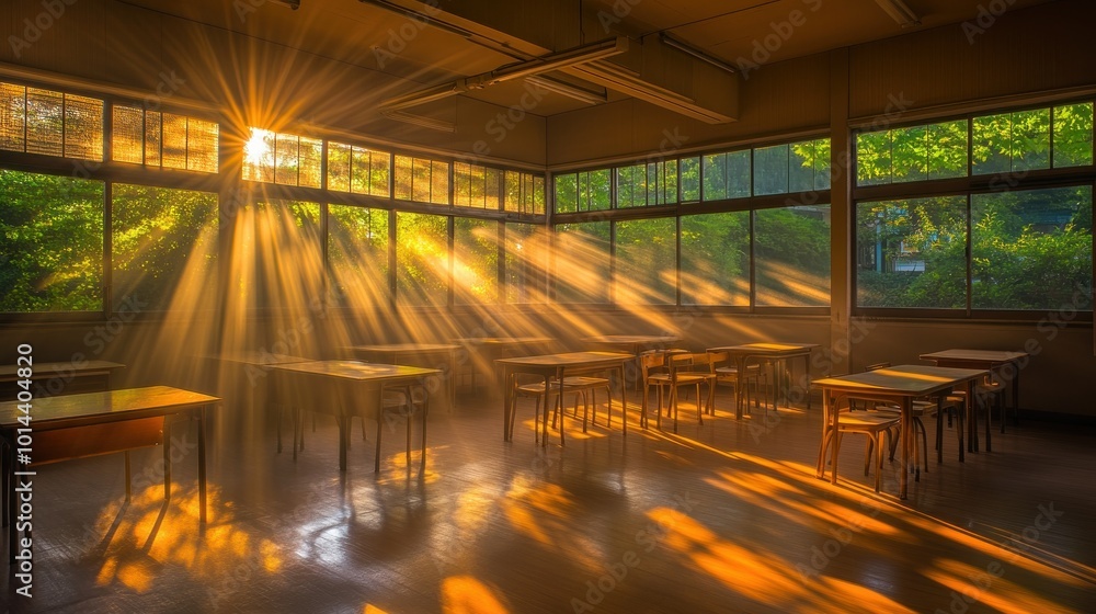 Poster A sunlit classroom with wooden desks, creating a serene and nostalgic atmosphere.