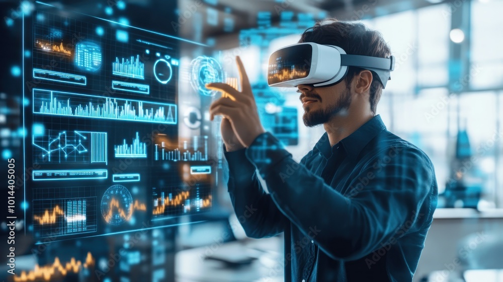 Poster a person using virtual reality technology to interact with digital data and analytics.