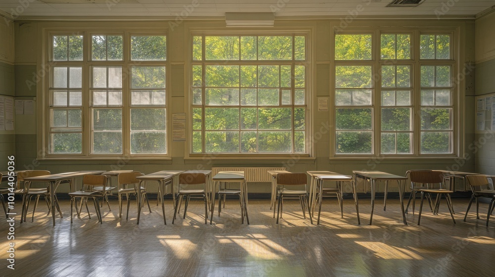 Wall mural A sunlit classroom with empty desks and large windows showcasing greenery outside.