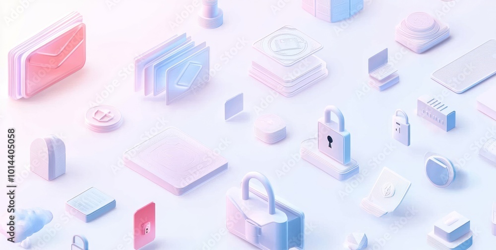 Poster a collection of pastel-colored digital icons representing technology and security concepts.