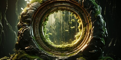 An ancient stone portal overgrown with moss, revealing a shimmering view of a verdant forest bathed in golden light