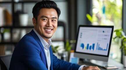Confident Asian Businessman in His Late Thirties Sitting at Desk with LED Graph Screen Display, Smiling in Modern Office Interior, Wearing Blue Suit Jacket Over Light Grey Shirt