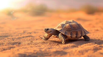 Obraz premium A tortoise walks on a desert path at sunset.