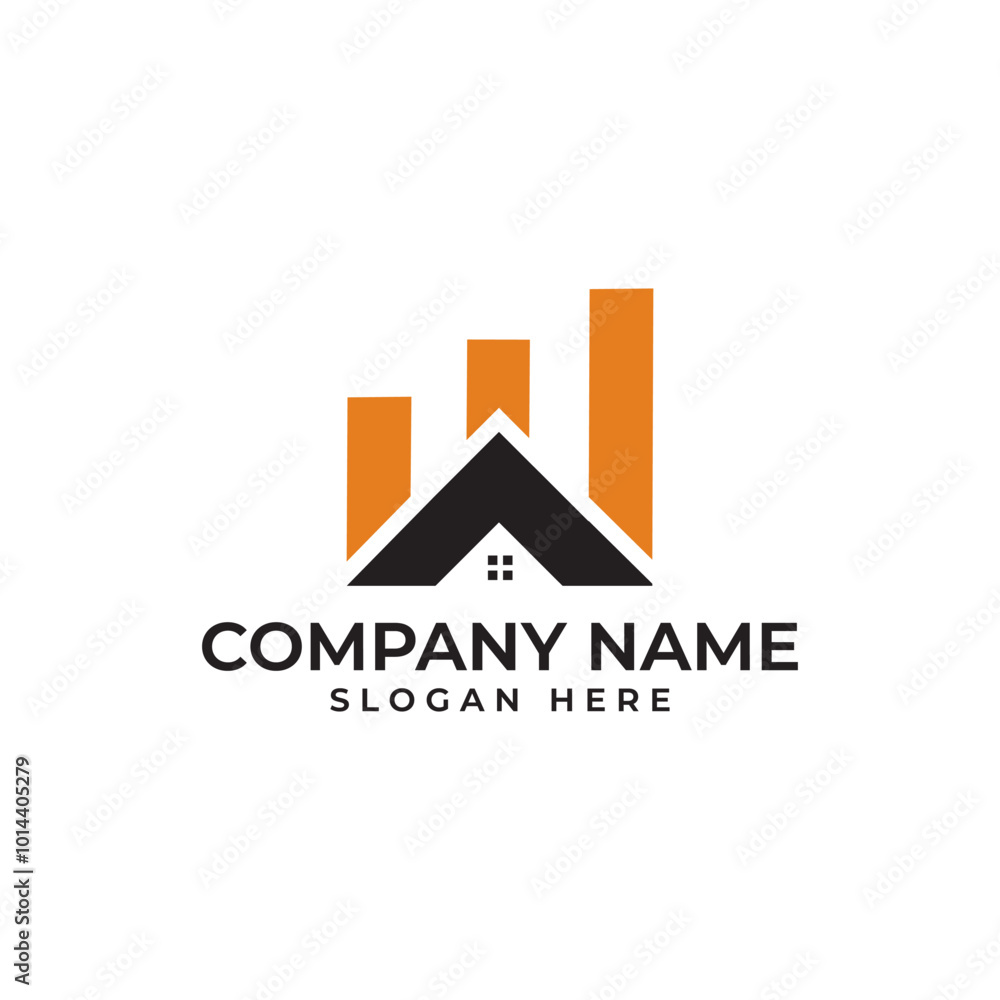 Poster rooftop of a house with window and upward arrow combine with the profit bar chart in orange with the