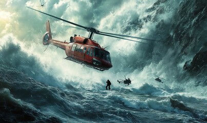 Red helicopter flying over stormy ocean.