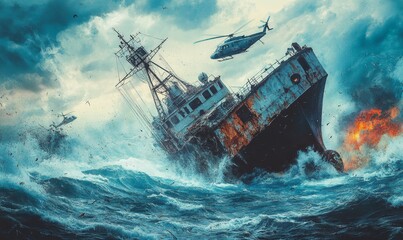 A wrecked ship in a stormy sea.