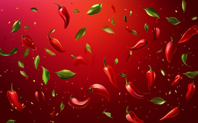 Many red peppers and parsleys are flying around On a red gradient background