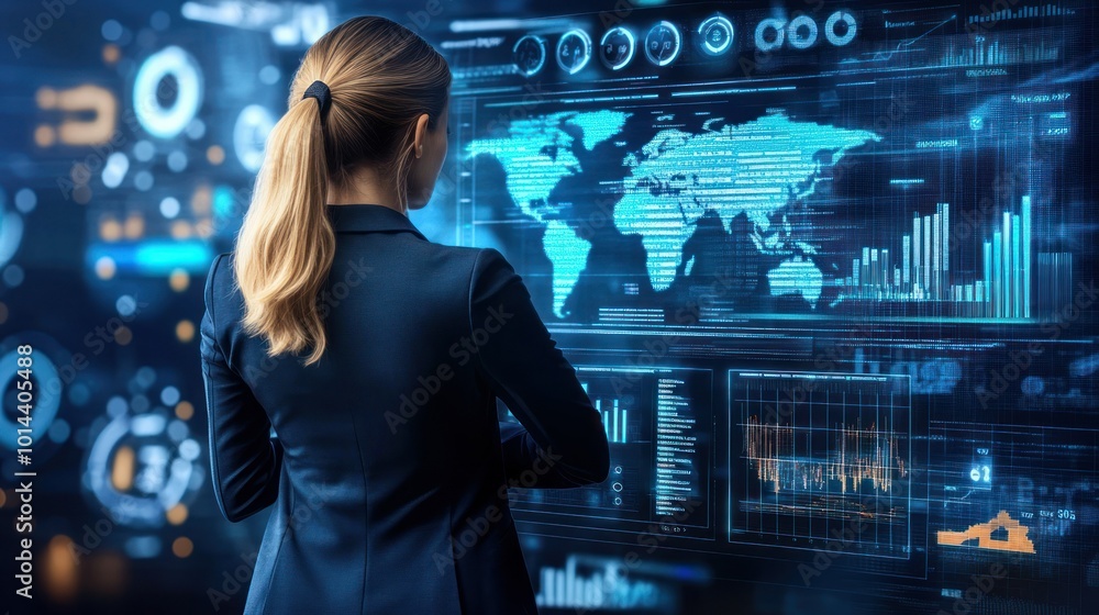 Poster a professional analyzing data on a digital interface with global maps and charts.