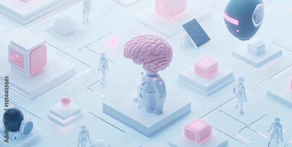 Poster a futuristic scene featuring a large brain figure surrounded by robotic elements and figures.