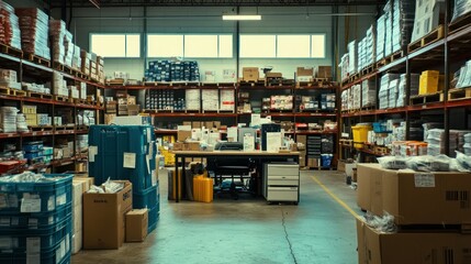 A busy warehouse filled with organized shelves, boxes, and an office workspace.