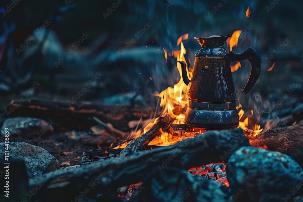 Wall mural a black metal tea kettle is sitting on a fire, generative ai image