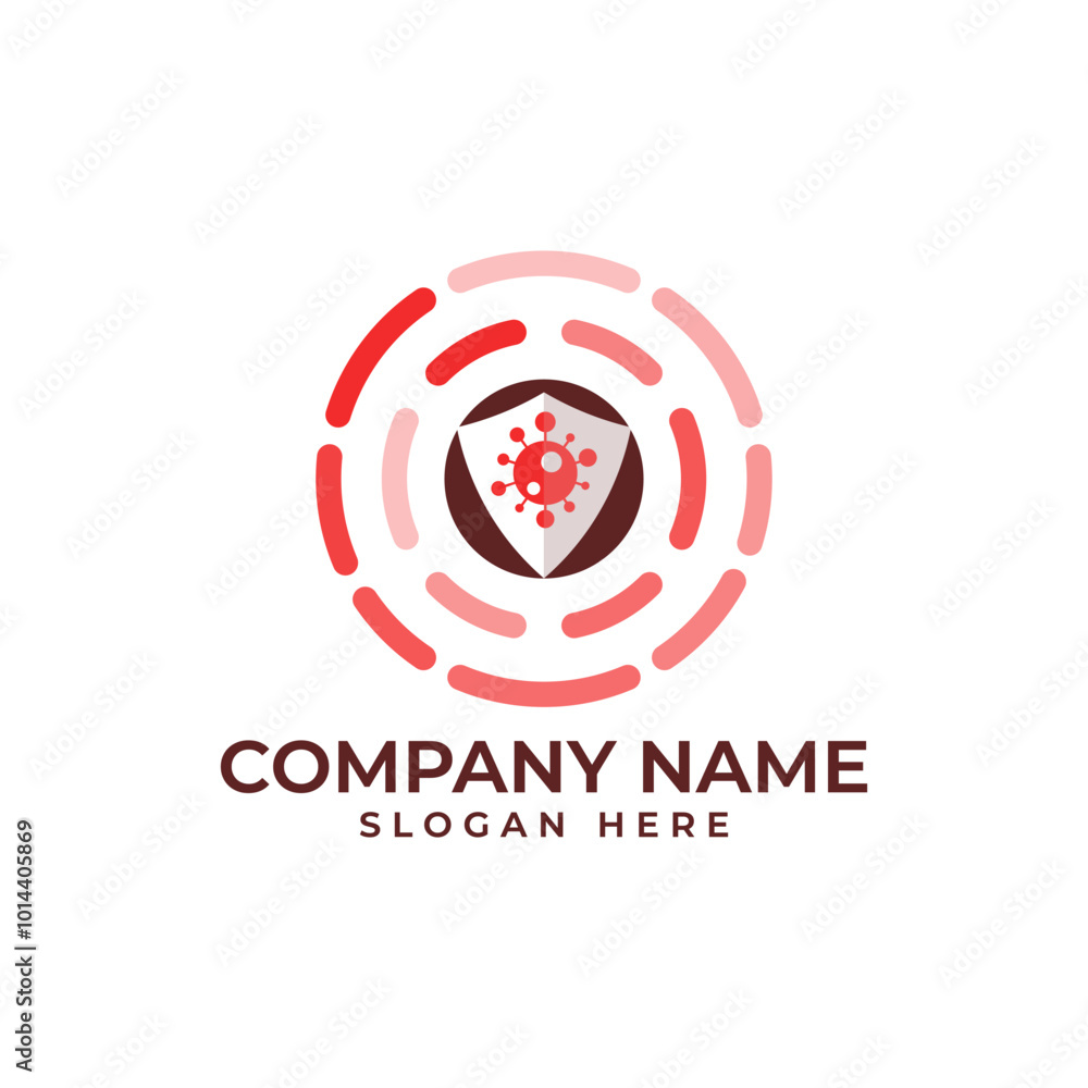 Poster virus in red isolated by the white shield with the technology circle in different shade to signify t