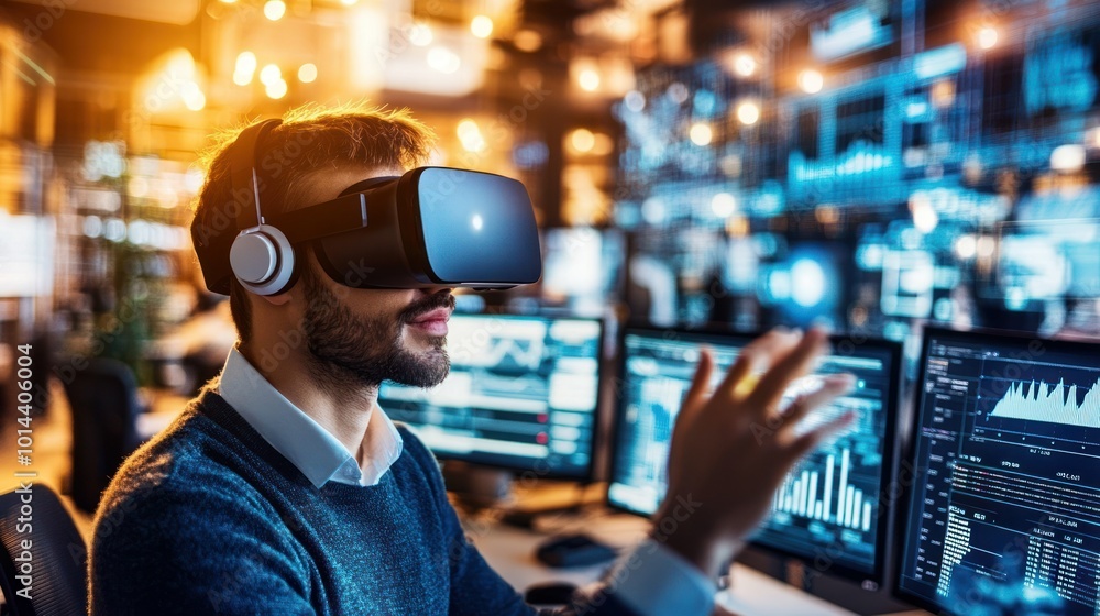 Poster a man wearing a vr headset interacts with digital data on multiple screens.