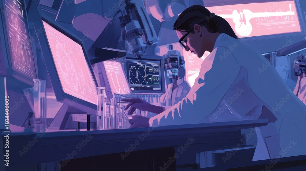 Poster a scientist conducts experiments in a high-tech laboratory filled with screens and test tubes.