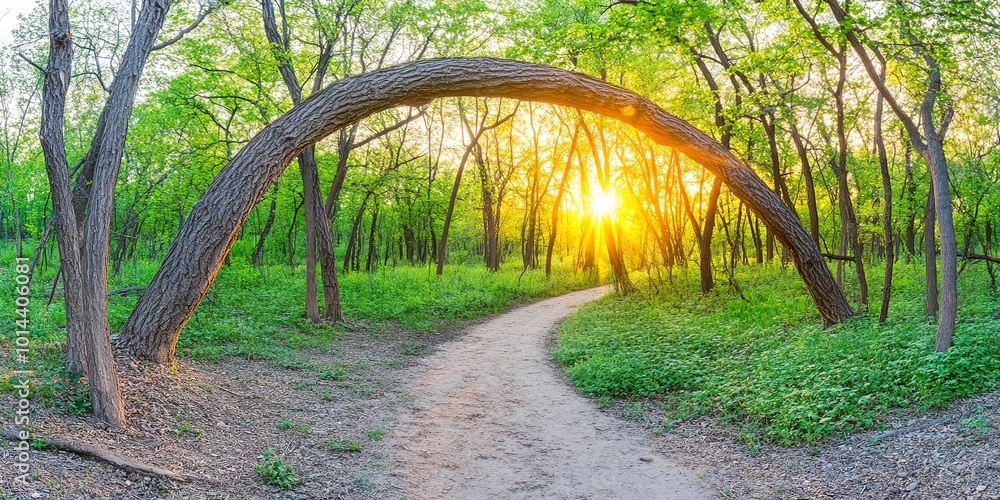Poster a serene forest landscape with a dirt path winding through trees at sunset, creating a natural arch 