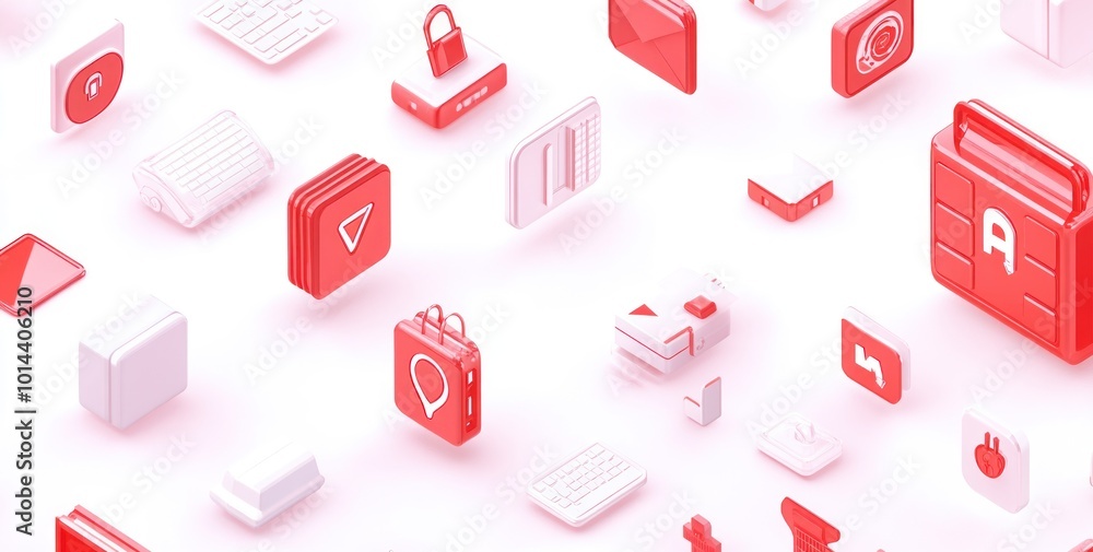 Poster a collection of red-themed icons representing various digital and technological concepts.