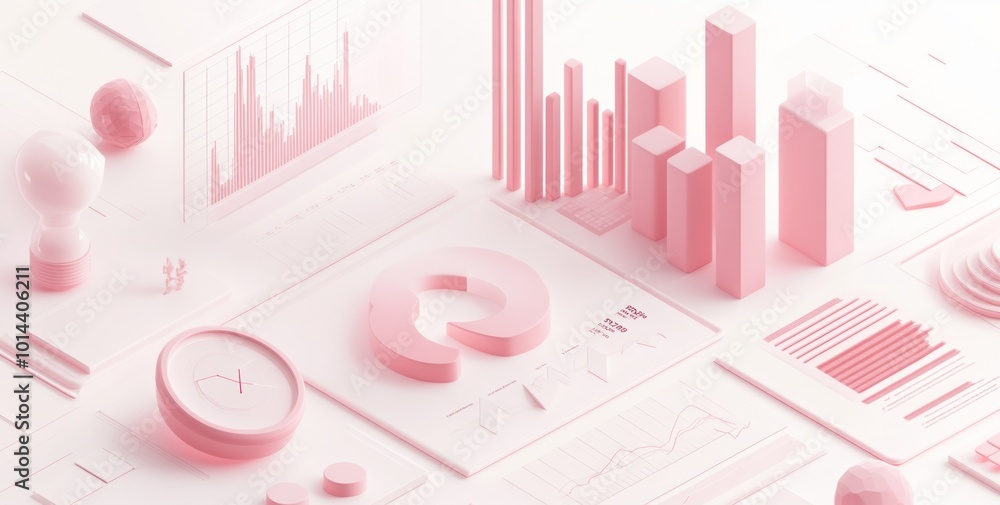 Poster a pastel-themed composition featuring various graphs, charts, and data visualization elements.