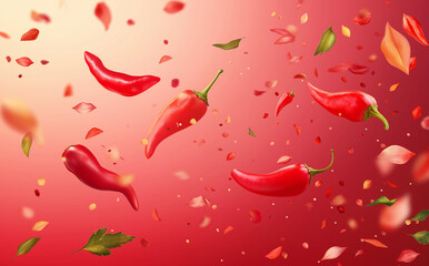 Many red peppers and parsleys are flying around On a red gradient background