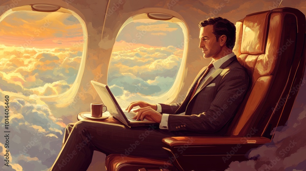 Poster a businessman working on a laptop while enjoying a scenic view from an airplane window.