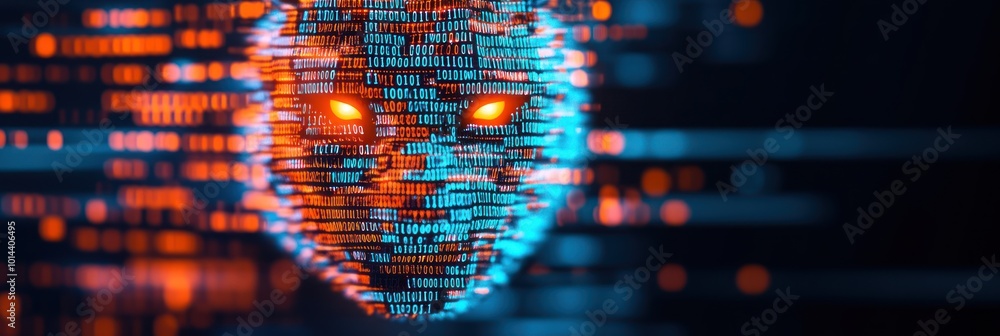 Poster a digital representation of a lion's face made of glowing binary code.