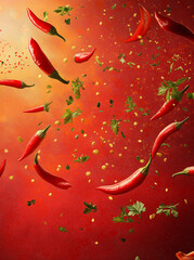 Many red peppers and parsleys are flying around On a red gradient background