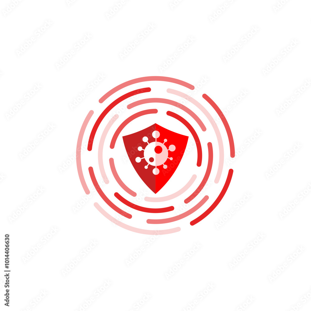 Poster virus in white isolated by the red shield with the technology circle in different shade to signify t