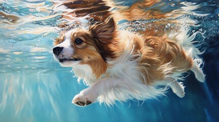 Fototapeta premium A dog swimming underwater, showcasing its playful spirit and joy in the water.