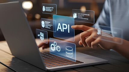 API: a finger touch a hologram virtual interface that hologram of API,API integration, API development, JSON, API documentation,	