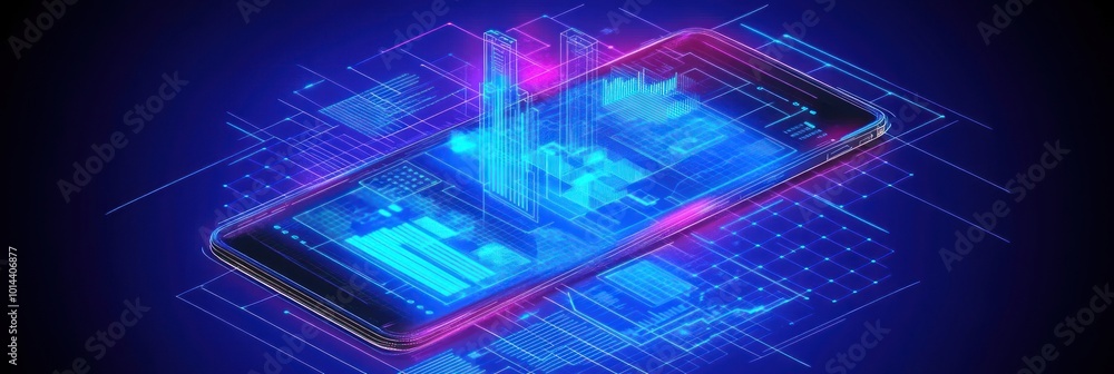 Aufkleber a futuristic smartphone displaying digital data and holographic elements.