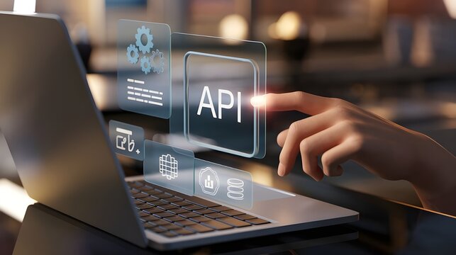 API: a businessman using a laptop with a hologram of API, virtual interface that hologram of API,API integration, API development, JSON, API documentation, Application prgramming interface