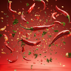 Many red peppers and parsleys are flying around On a red gradient background