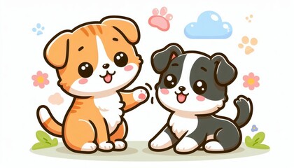 Two cute cartoon puppies, one orange and white, the other black and white, playfully interacting.