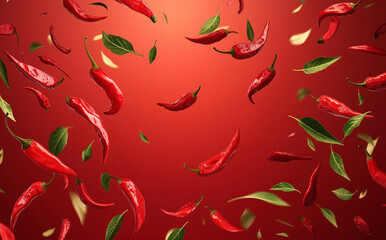Many red peppers and parsleys are flying around On a red gradient background