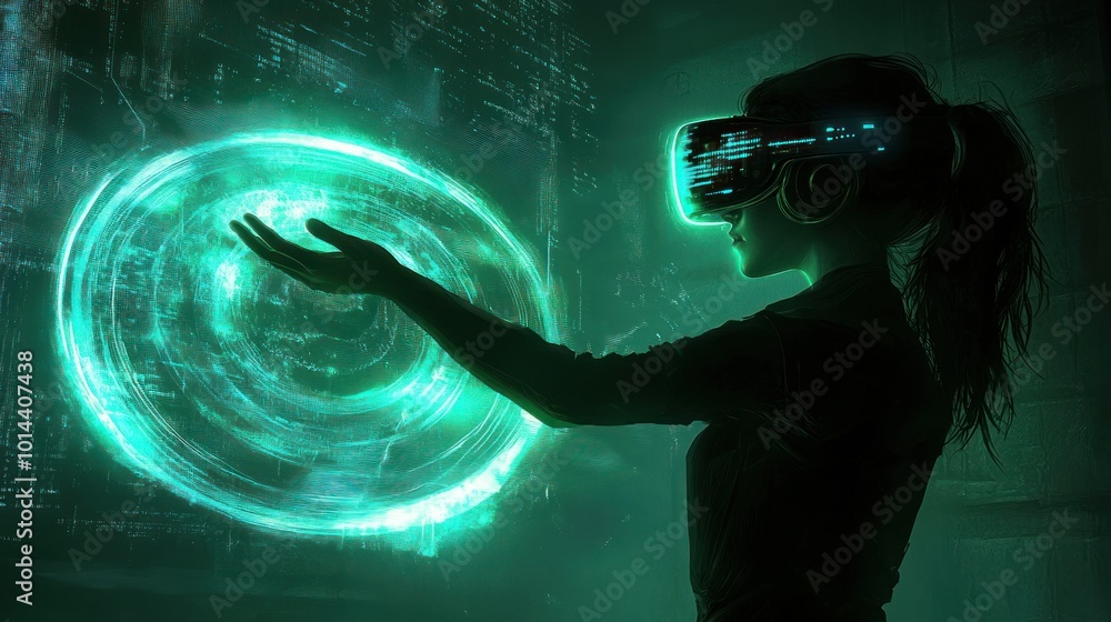 Poster a person using virtual reality technology to interact with a glowing holographic interface.
