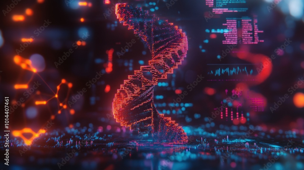 Poster a digital representation of a dna double helix with data visualizations.