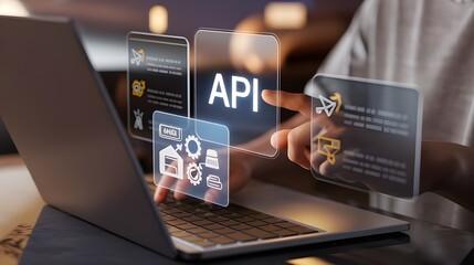 API: a businessman using a laptop with a hologram of API, virtual interface that hologram of API,API integration, API development, JSON, API documentation, Application prgramming interface