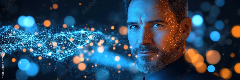 Poster a man with a thoughtful expression, surrounded by digital elements and glowing particles.