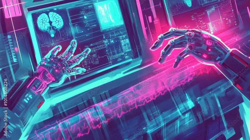 Poster futuristic scene featuring robotic hands interacting with advanced technology displays.