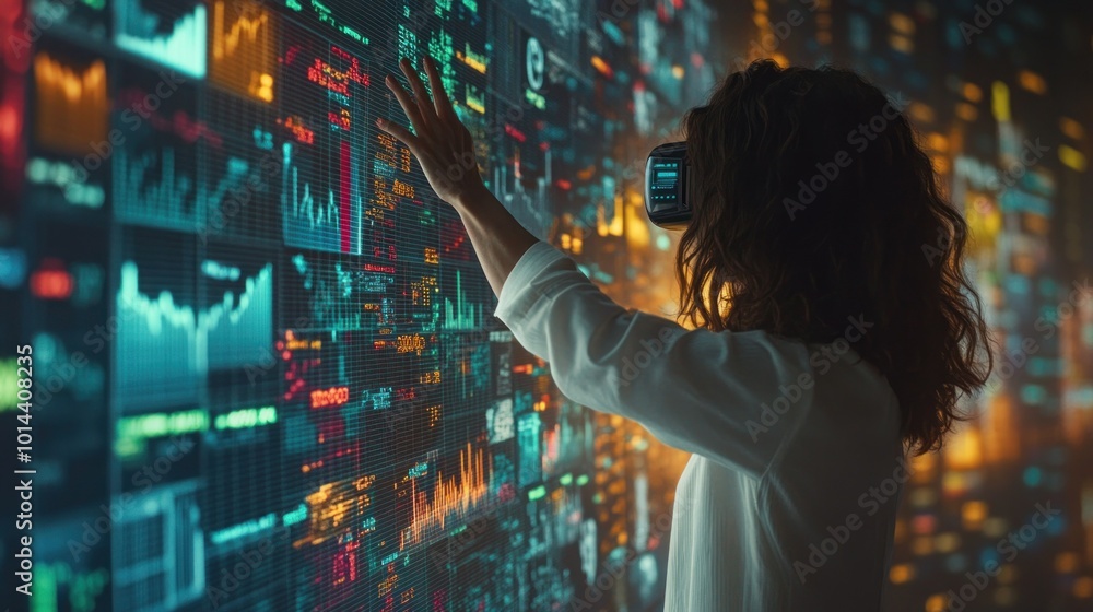 Poster a person interacts with a digital interface displaying data and analytics in virtual reality.