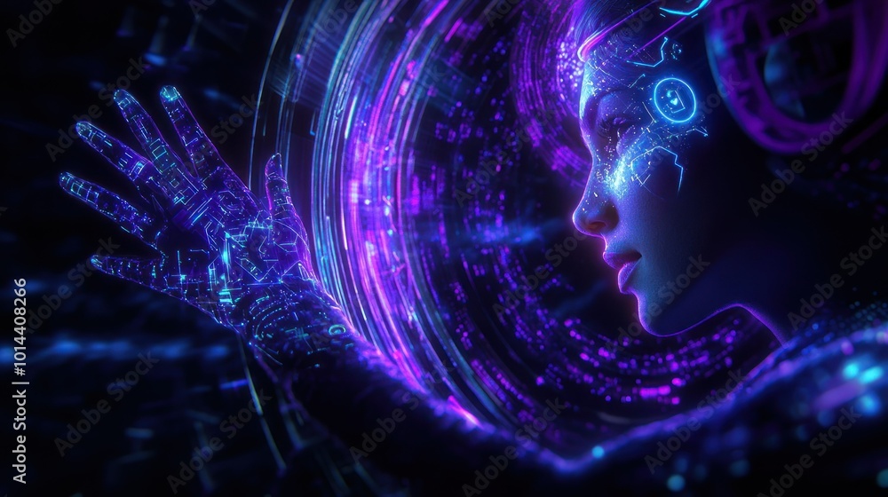 Poster a futuristic figure with glowing circuitry interacts with digital elements in a cosmic setting.