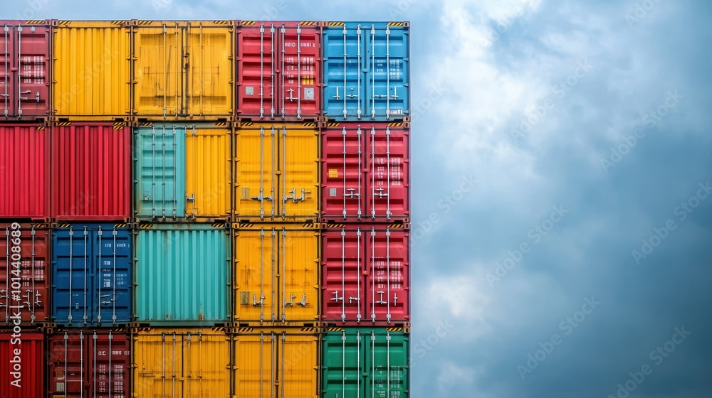 Poster a stack of colorful shipping containers against a cloudy sky.