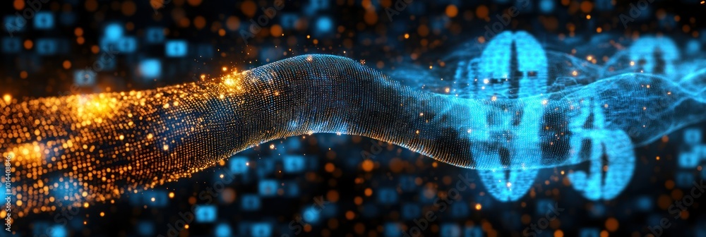 Poster abstract digital representation of data flow with glowing elements and binary background.