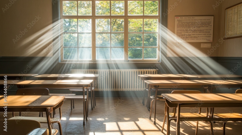 Aufkleber a sunlit classroom with empty desks, creating a serene and inviting atmosphere.