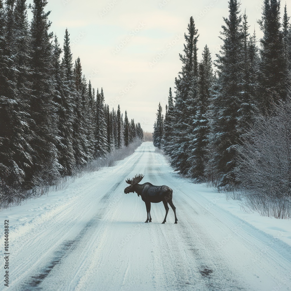 Poster A moose stands on a snowy road surrounded by tall pine trees in a tranquil winter landscape.