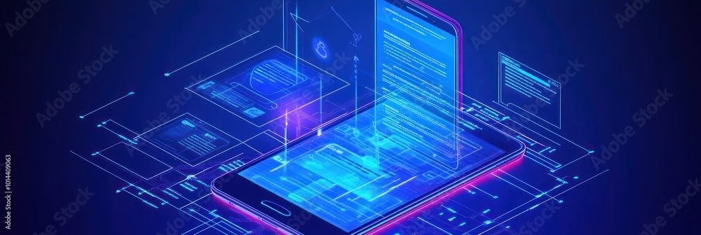 Poster a digital smartphone displaying holographic data and blueprints, symbolizing technology.