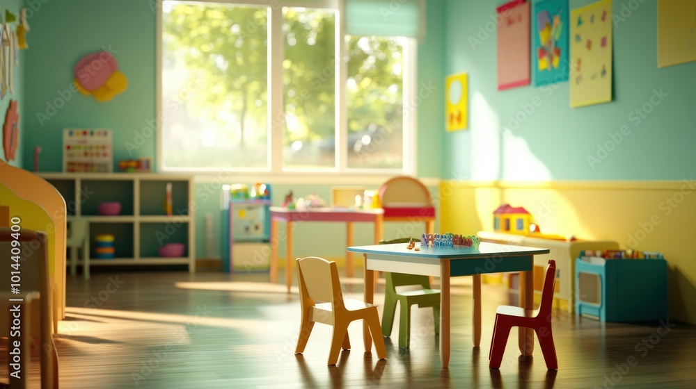 Poster a colorful and inviting children's classroom with tables and chairs for learning and play.