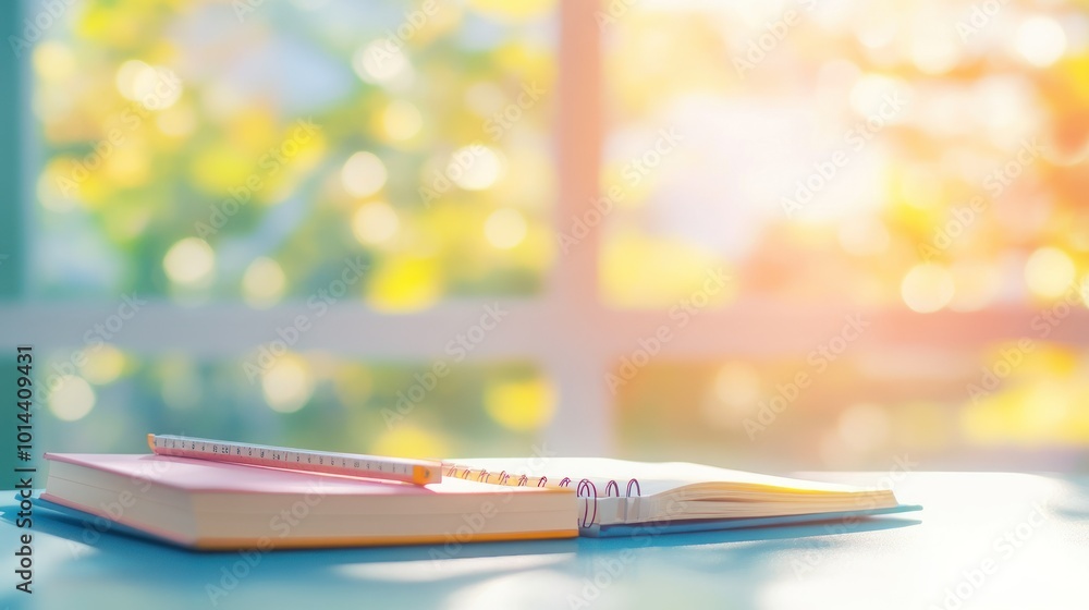 Poster a colorful notebook and planner on a table with a blurred background of greenery.